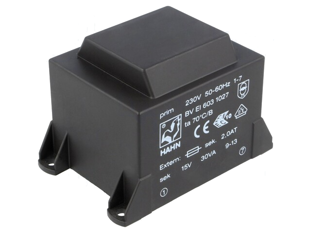 Transformator: ingegoten; 30VA; 230VAC; 15V; 2A; PCB; BVEI Transformator: ingegoten; 30VA; 230VAC; 15V; 2A; PCB; BVEI